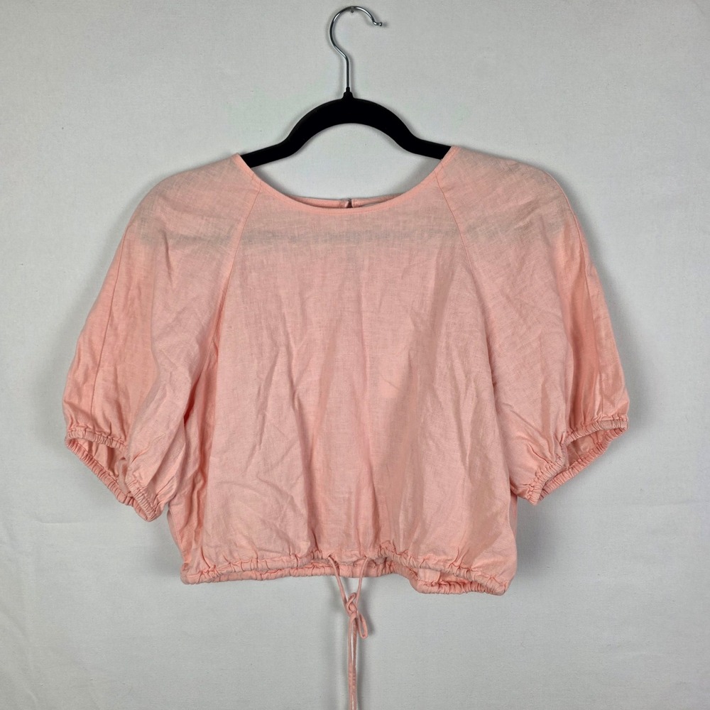 Banana Republic Pink Linen Blend Puff Sleeve Crop Blouse 710327-01-1 M NEW